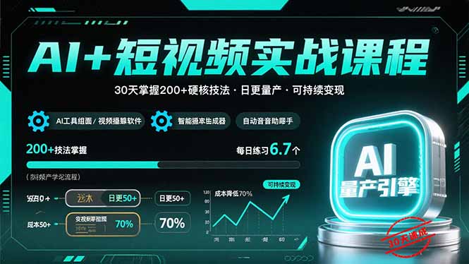 AI+短视频实战课程：30天掌握200+硬核技法，实现日更量产可持续变现-得贵网赚