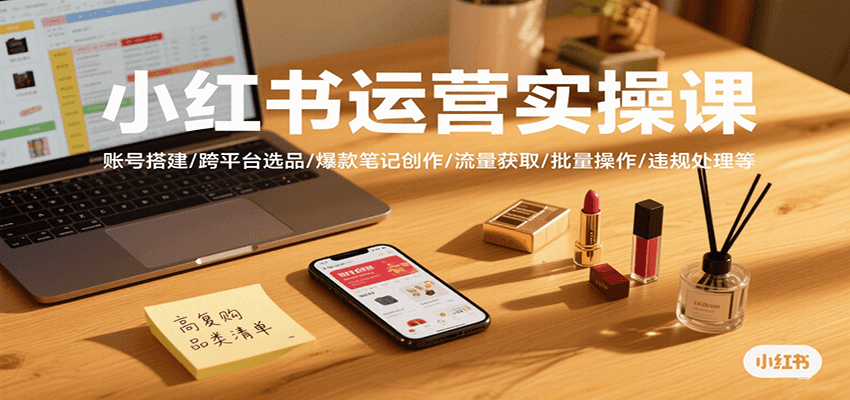 小红书运营实操课，账号搭建/跨平台选品/爆款笔记创作/流量获取/批量操作/违规处理等-得贵网赚
