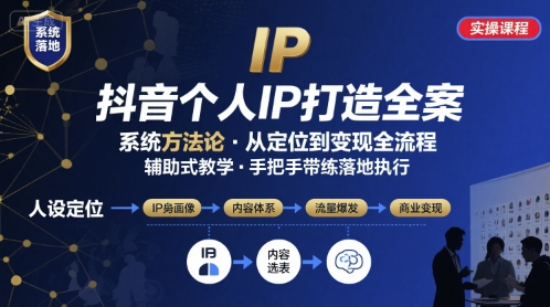 抖音个人IP系统落地实操大课，实操课程，辅助落地-得贵网赚