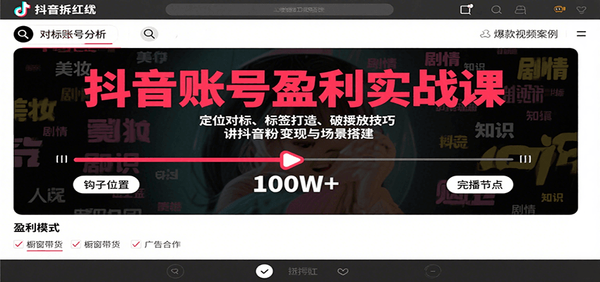 抖音账号盈利实战课，定位对标、标签打造、破播放技巧，讲涨粉变现与场景搭建-得贵网赚