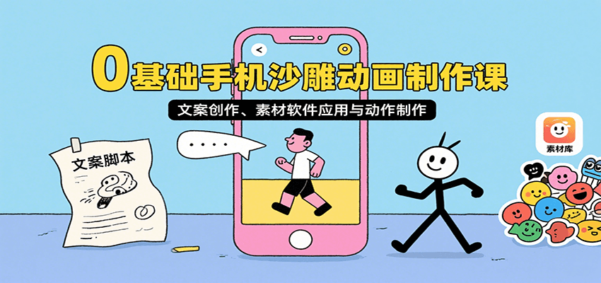 0基础手机沙雕动画制作课，文案创作、素材软件应用与动作制作-得贵网赚