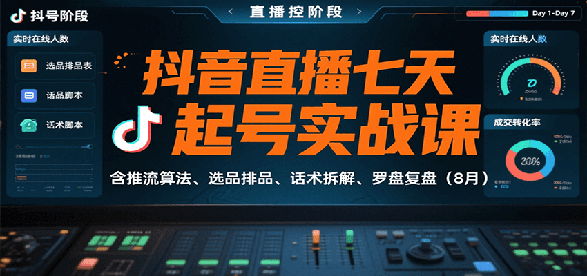 抖音直播七天起号实战课：含推流算法、选品排品、话术拆解、罗盘复盘(8月)-得贵网赚