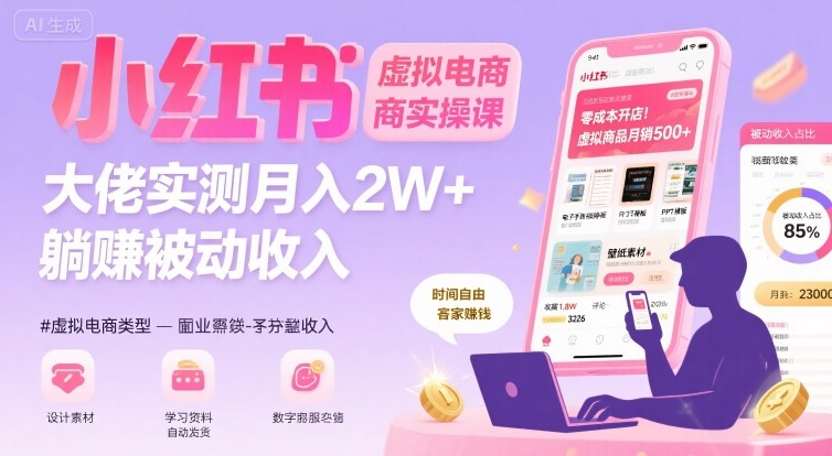 小红书虚拟电商，大佬实测月入2W+，实现被动收入-得贵网赚