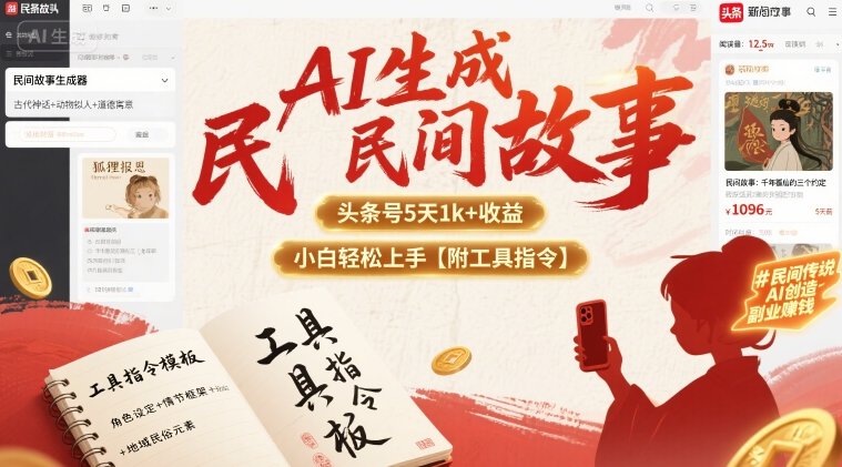 AI生成民间故事，头条号5天1k+，小白轻松上手【附工具指令】-得贵网赚