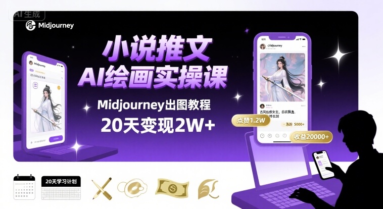 小说推文干货分享之AI绘画MJ出图实操课，用Midjourney做小说推文，20天挣2w-得贵网赚