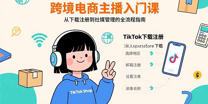 跨境电商主播入门课，TikTok下载注册，支付工具配置，社媒账号管理全流程-得贵网赚