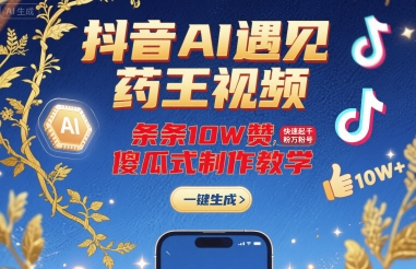 抖音AI遇见药王视频，条条10W赞，快速起千粉万粉号，傻瓜式制作教学-得贵网赚