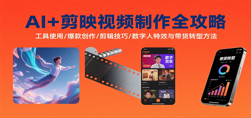 AI+剪映视频制作全攻略：工具使用/爆款创作/剪辑技巧/数字人特效与带货转型方法-得贵网赚