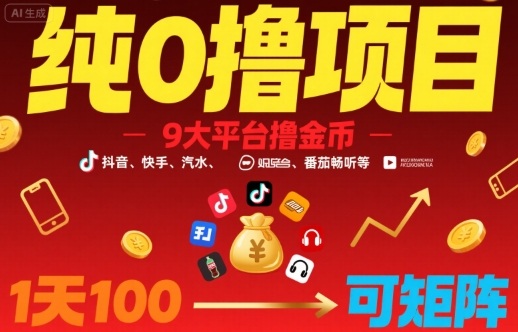 纯0撸项目，9大平台撸金币，抖音，快手，汽水，番茄畅听等，1天100，可矩阵-得贵网赚