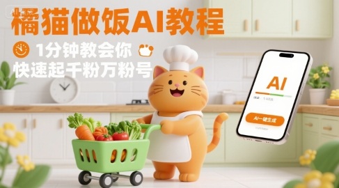 有趣的橘猫买菜做饭视频，用AI一键搞定，1分钟教会你，快速起千粉万粉号-得贵网赚