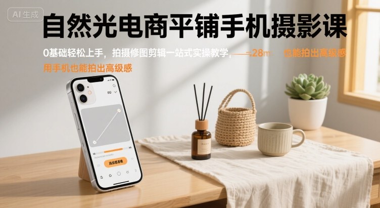自然光电商平铺手机摄影课，0基础轻松上手，拍摄修图剪辑一站式实操教学，用手机也能拍出高级感-得贵网赚