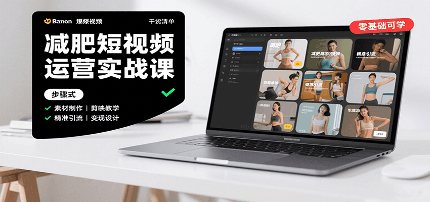 减肥短视频运营实战课：含素材制作、剪映教学，讲精准引流、变现设计与内容模板技巧-得贵网赚