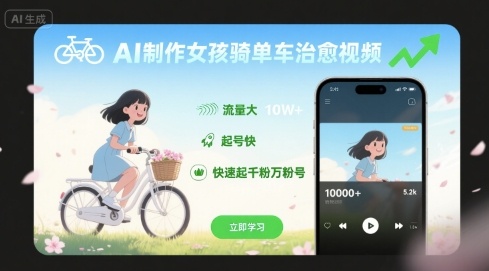 AI制作女孩骑单车治愈视频，流量大，起号快，快速起千粉万粉号-得贵网赚
