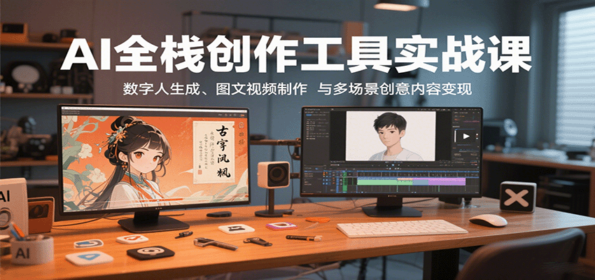 AI全栈创作工具实战课：数字人生成、图文视频制作与多场景创意内容变现-得贵网赚