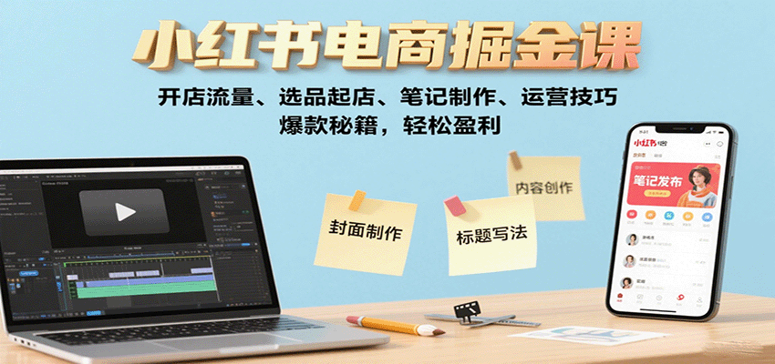小红书电商掘金课：开店流量、选品起店、笔记制作、运营技巧，爆款秘籍，轻松盈利-得贵网赚