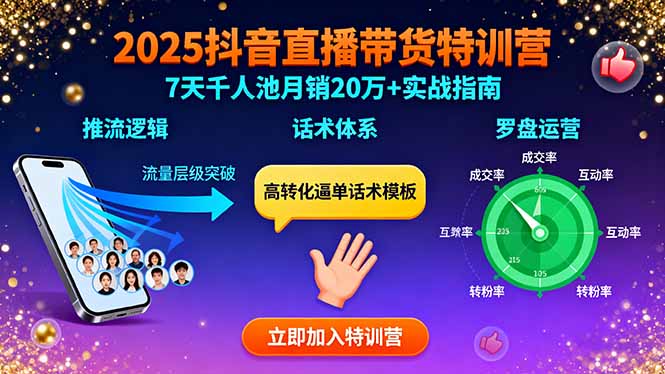 2025抖音直播带货特训：推流逻辑、话术体系、罗盘运营,7天千人池月销20万+-得贵网赚