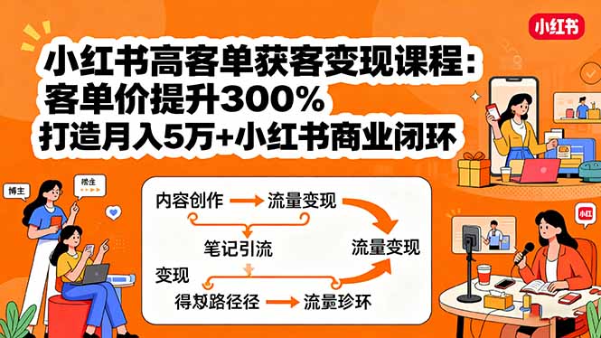 小红书高客单获客变现课程：客单价提升300%，打造月入10万+小红书商业闭环-得贵网赚