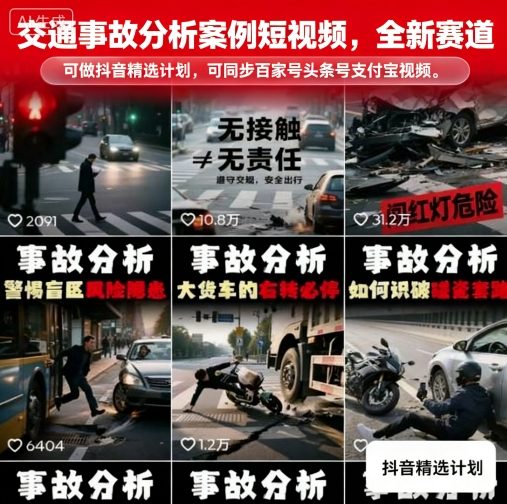 交通事故分析案例短视频，全新赛道，可做抖音精选计划，可同步百家号头条号支付宝视频号平台-得贵网赚